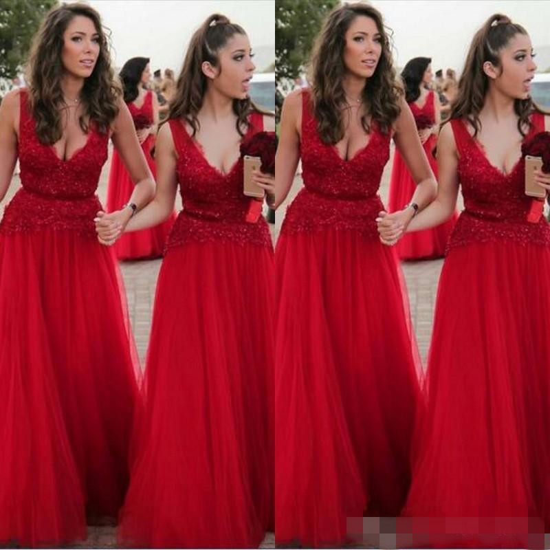 Red Deep V Neck Bridesmaid Dresses Lace Applique Tulle Beaded Floor Length Ribbon Custom Made Maid Of Honor Gown Plus Size
