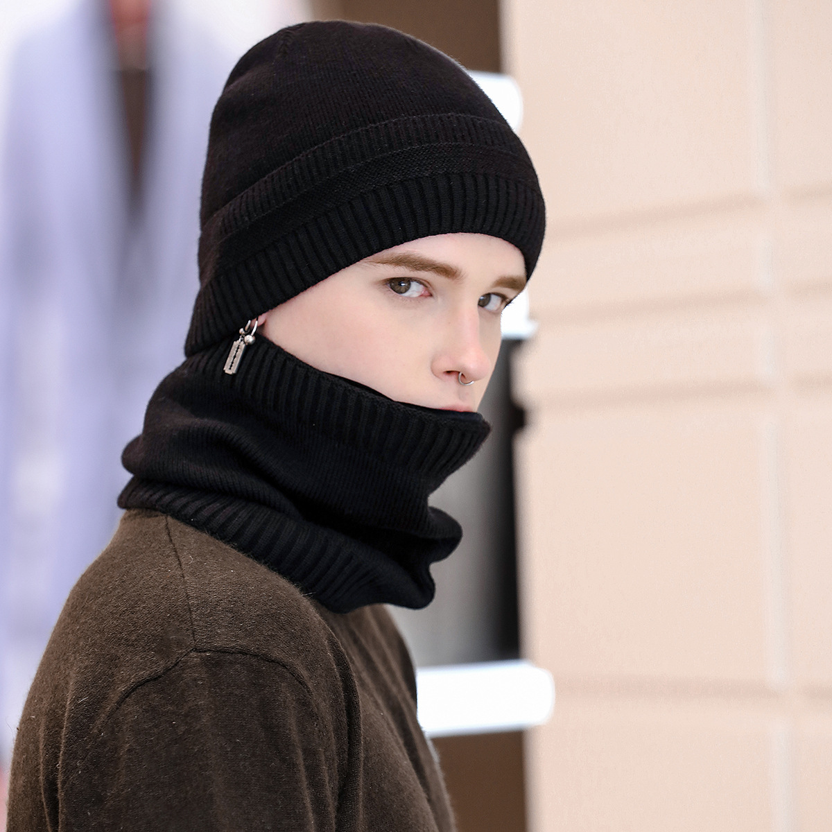 2-Pieces Balaclava Knitted Hat Scarf Caps Neck Warmer Winter Hat For Men Women Skullies Beanies Warm Fleece Caps