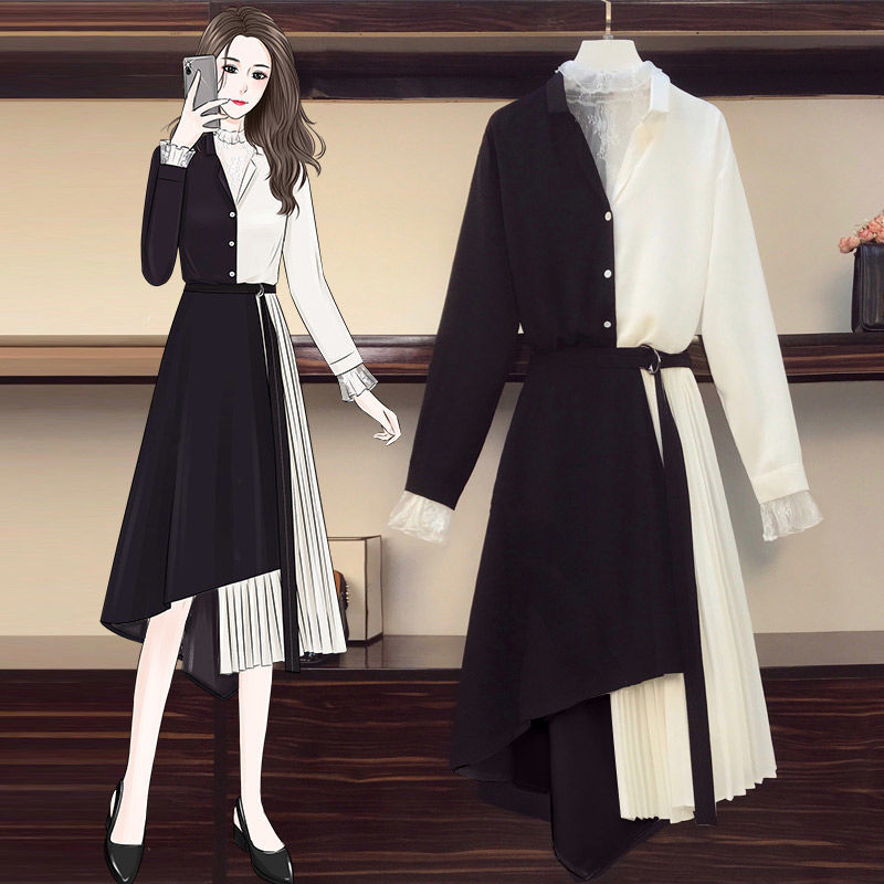 Large Size 2020 Autumn Dress Two-Piece Fashion V-neck Lace Color Matching Long Sleeve Shirt Black White Stitching Skirt Stacked
Large Size 2020 Autumn Dress Two-Piece Fashion V-neck Lace Color Matching Long Sleeve Shirt Black White Stitching Skirt Stacked