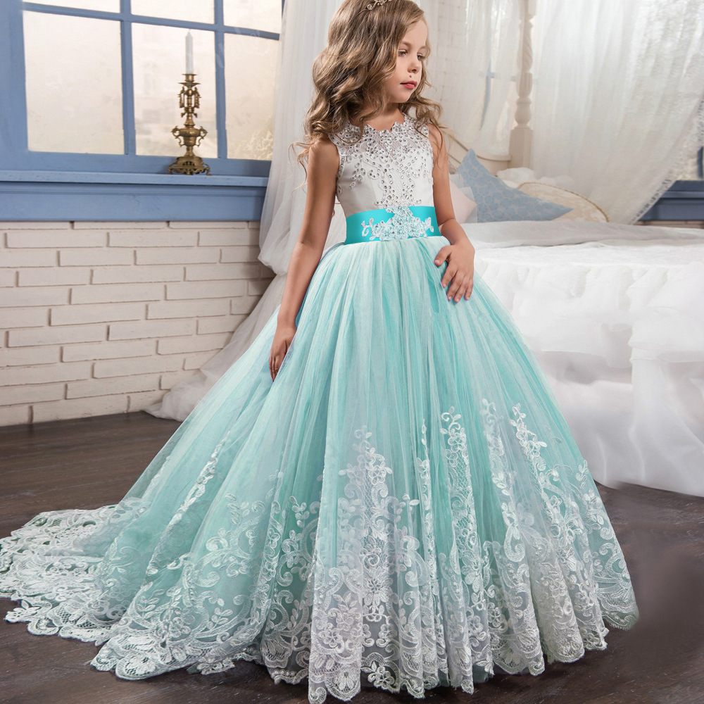 Kids Girls Party Wedding Princess Evening Gown Dresses Bithday Gift Pageant Dress Lace Appliques Back to school uniform 0508