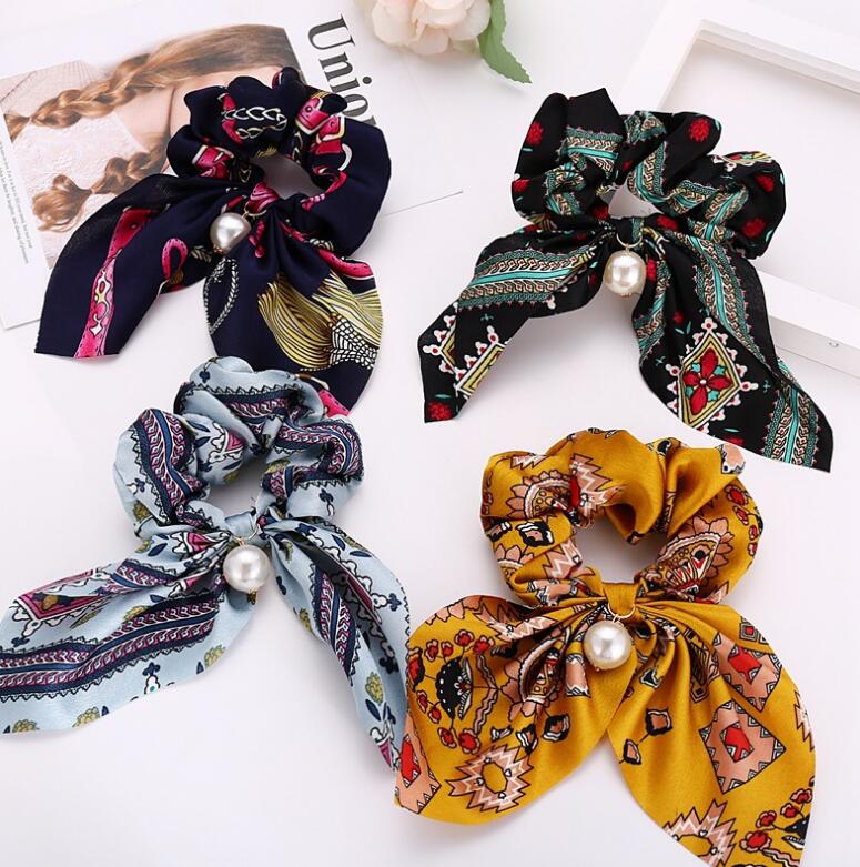 2020 New Chiffon Bowknot Silk Scrunchies Women Pearl Ponytail Holder Tie Hair Rope Rubber Bands Accessories GD555