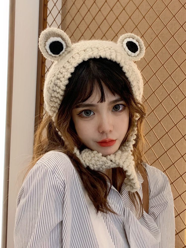 New Women Hat Korean Style Girl Novelty Cute Big-eyed Frog Ears Knitted Cap Soft Warm Comfortable Winter Protective Hat T