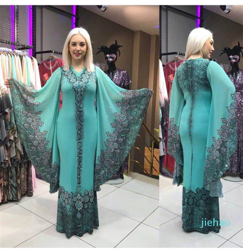 Fashion- New African Dresses for Women Dashiki Print African Clothes Bazin Riche Sexy Slim Ruffle Sleeve V-neck Evening Long Africa Dress