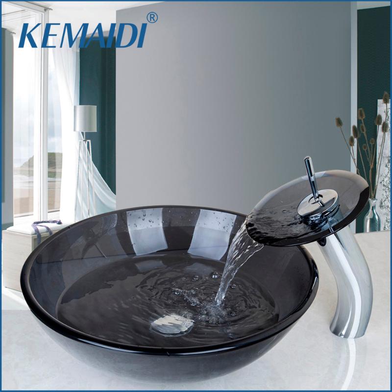 

KEMAIDI Tempered Glass Vessel Faucet Bowl Waterfall Spout Round Sink Bathroom Basin Hot & Cold Water Mixer Tap Counter Top