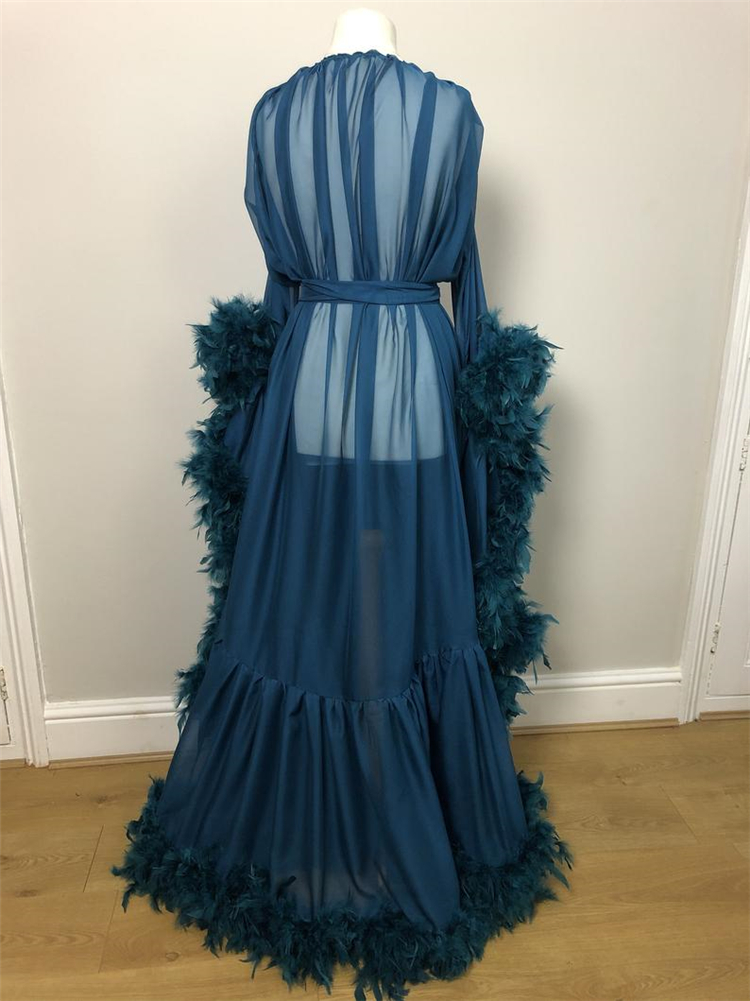 Navy Blue Ruffles Women Winter Luxury Feather Kimono Pregnant Party Sleepwear Full Sleeves Maternity Photoshoot Dress For baby Shower