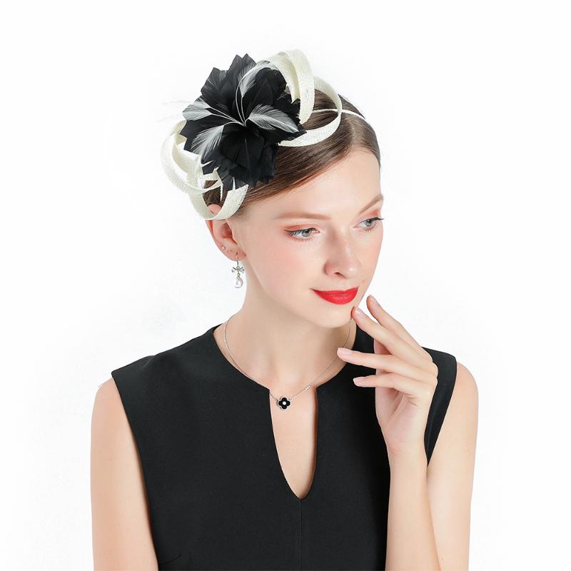 

Hot Women Elegant Hat Black Feather Flower Fascinator Cocktail Cap Lady Wedding Prom Pillbox Fedora Beige Linen Headgear, Black cap