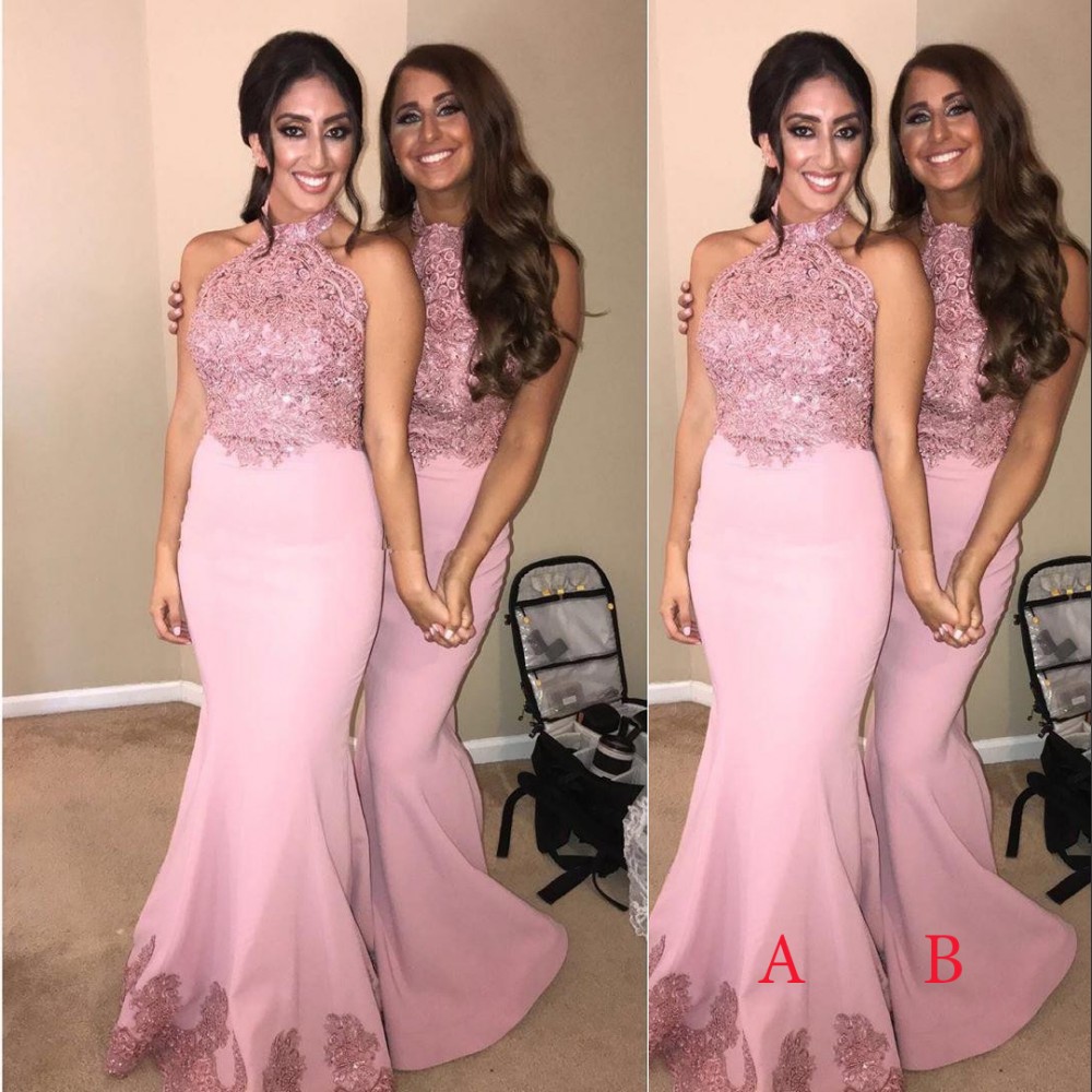 Cheap Arabic African Pink Mermaid Bridesmaid Dresses Halter Lace Appliques Crystal Beads Sleeveless Wedding Guest Gowns Maid Of Honor Dress