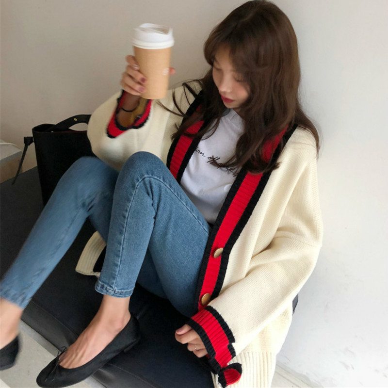 Women Autumn V-Neck Patchwork Sweater Coat Jacket Loose Plus Size Long Sleeve Button Up Knitted Cardigan 201221