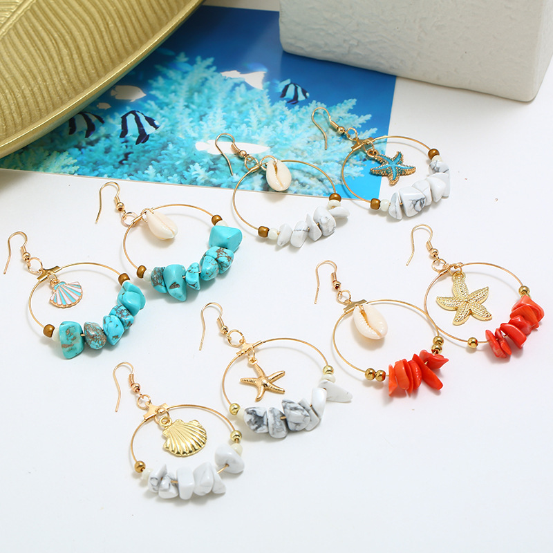 Earring Jewelry Summer Beach Seashell Stafish Dangle Charms Statement Earrings for Women Vintage Ethnic Natural Gemstone Earrings