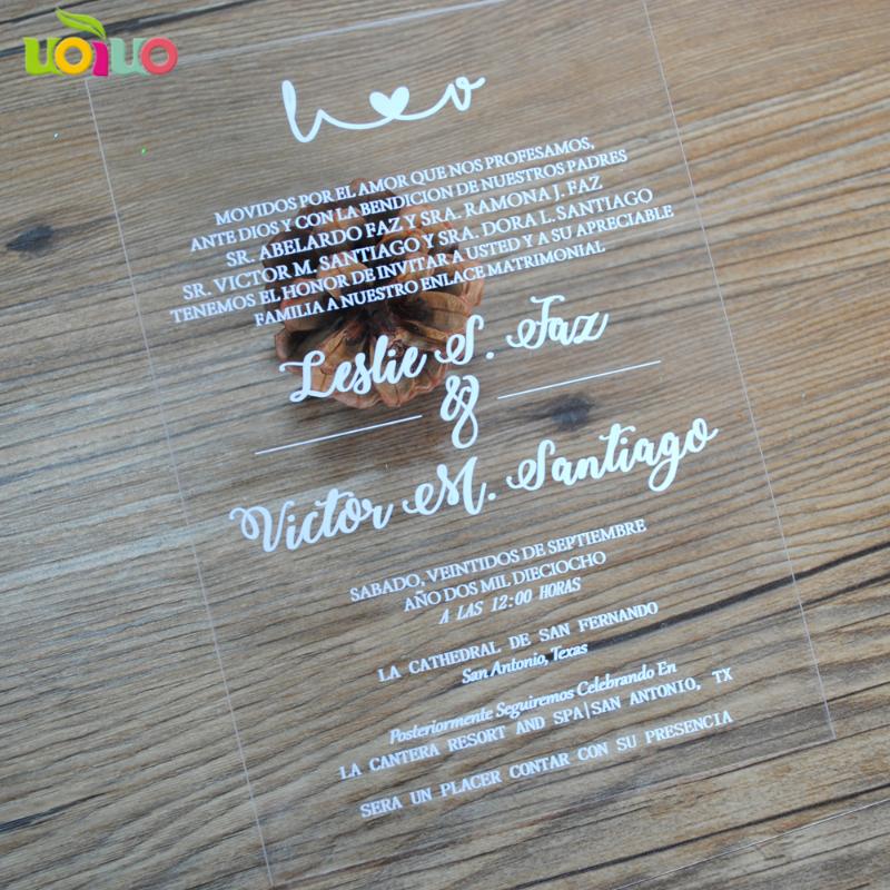 Beautiful clear wedding acrylic card personalize size laser cut invitation card with white words printing from china
Beautiful clear wedding acrylic card personalize size laser cut invitation card with white words printing from china