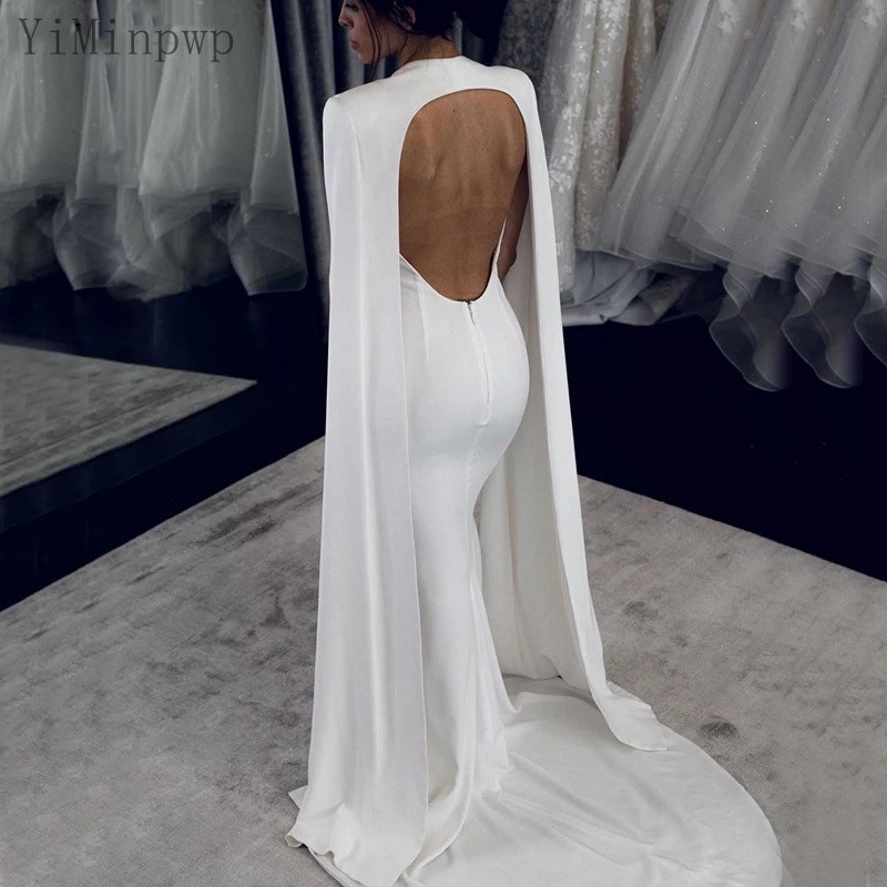 Sexy Backless Mermaid Dresses Watteau Train Wrap Simple Chic Satin Bride Dress Two Piece Bridal Wedding Gowns Vestidos de novia