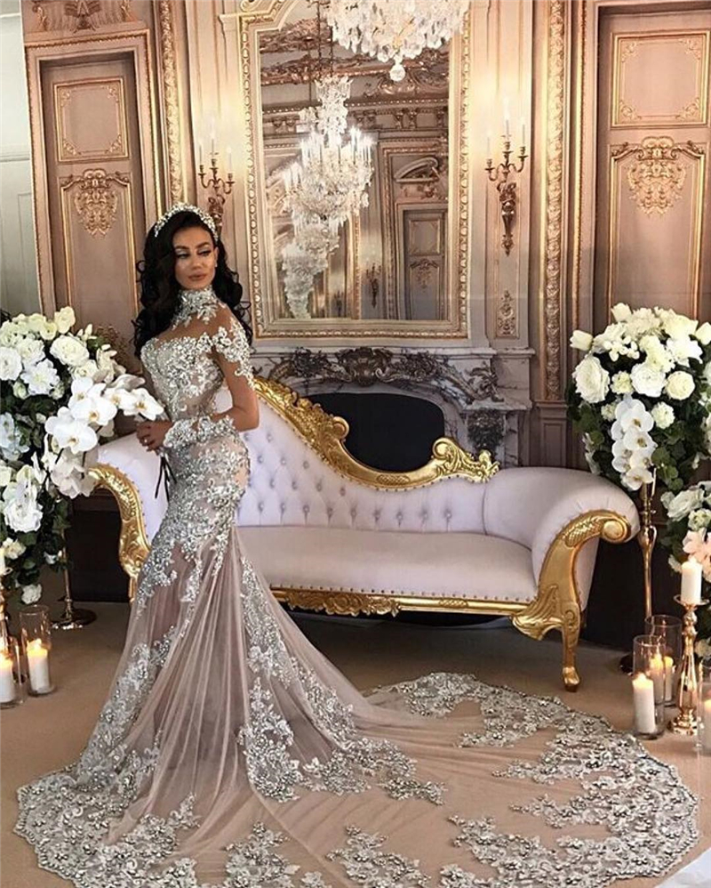 Beaded Graceful Mermaid Lace Wedding Dresses With Detachable Train High Neck Plus Size Rhinestones Bridal Gowns Long Sleeves Robe De Marie