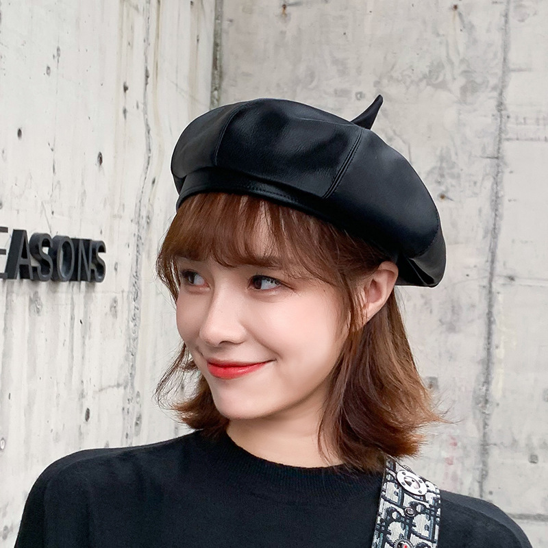 

Boinas Para Mujer Hong Kong Style Fashionable All-match Pu Leather Beret Women Autumn and Winter Czapka Zimowa Kapelusz Fashion, Black