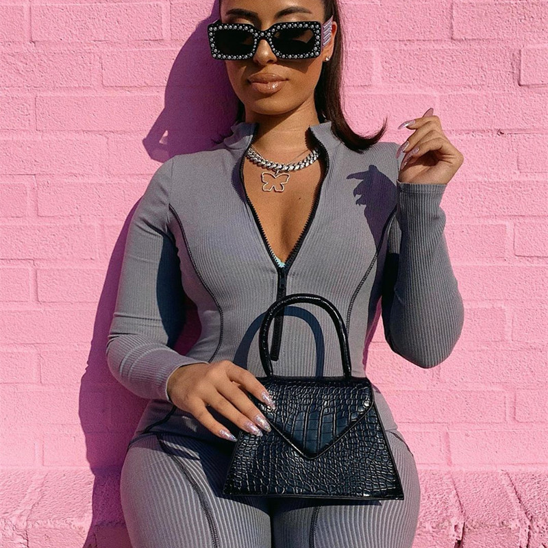 BOOFEENAA Sports Knitted Long Sleeve Bodycon Jumpsuit Women Fall Winter One Piece Outfits Sexy Activewear Romper C67-AF78 T200808