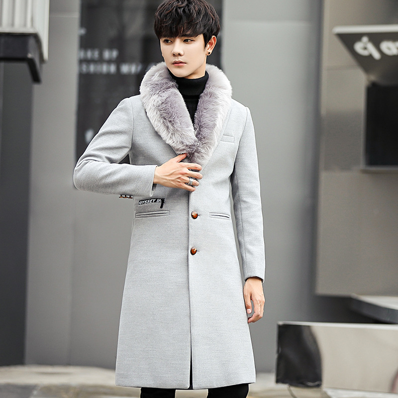 Men's Wool & Blends Winter 2021 Korean Fashion Slim Woolen Overcoat Mid-Length Large Fur Collar Trench Coat