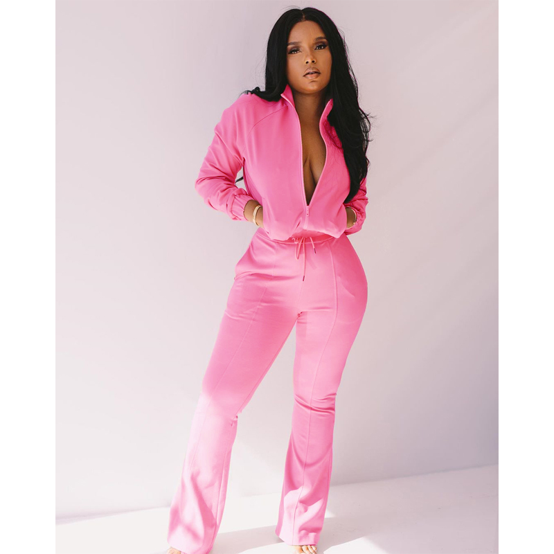 Women Sport Solid Women two piece set Tracksuits off shoulder Hoodies stacked flare jogger pants Suit Outfits Matching Set