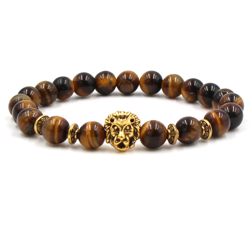 Silver Color Leopard Head Men Bracelet Natural Healing Energy Tiger Eye Stone Beads Bracelets Women Jewelry Friendship Pulseras