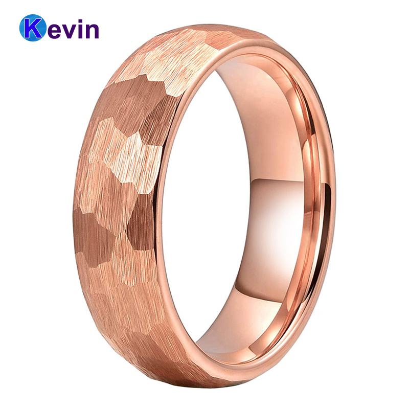 Rose Gold Hammer Ring Tungsten Carbide Wedding Band For Men Women Multi-Faceted Hammered Brushed Finish 6MM 8MM Comfort Fit