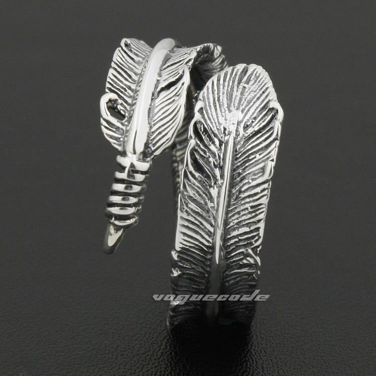 Size Adjustable 925 Sterling Silver Feather Mens Rocker Ring