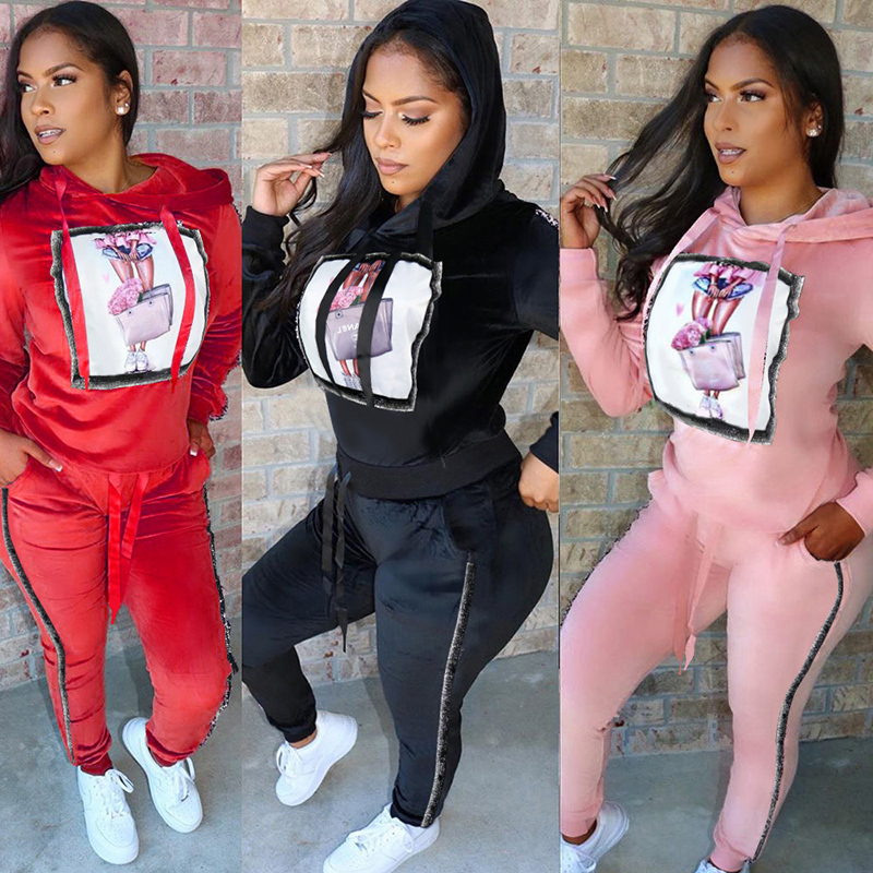 TWO PIECE SET Velvet Women Velour Tracksuit Hoodies Jogger Pants Patchwork Sweat Suits Pattern Sweatsuit Street Warm Winter 2 pc T200916