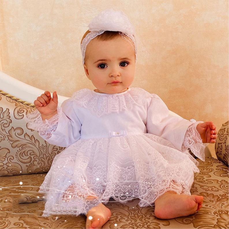 2021 Cute Baby Christening Gowns For Little Girls Long Sleeve Appliques Baptism Dresses With Bonnet First Communication Dress