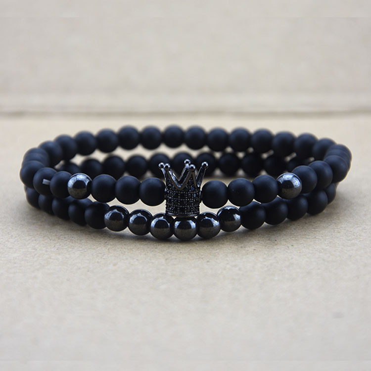 Fashion Black Lava Natural Stone Volcanic rock Beads Strand Bracelets Trendy Gold Crown Black Bright Bead Bracelet Dropshipping