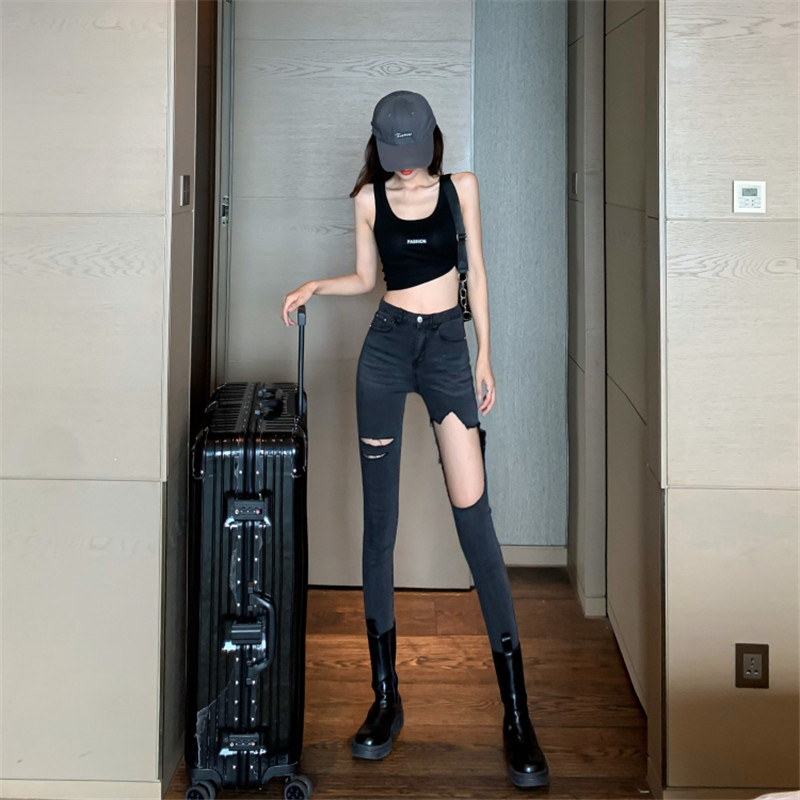 Fashion high waist ripped jeans women net red stretch slim slim nine-point pants, As pic
Fashion high waist ripped jeans women net red stretch slim slim nine-point pants, As pic