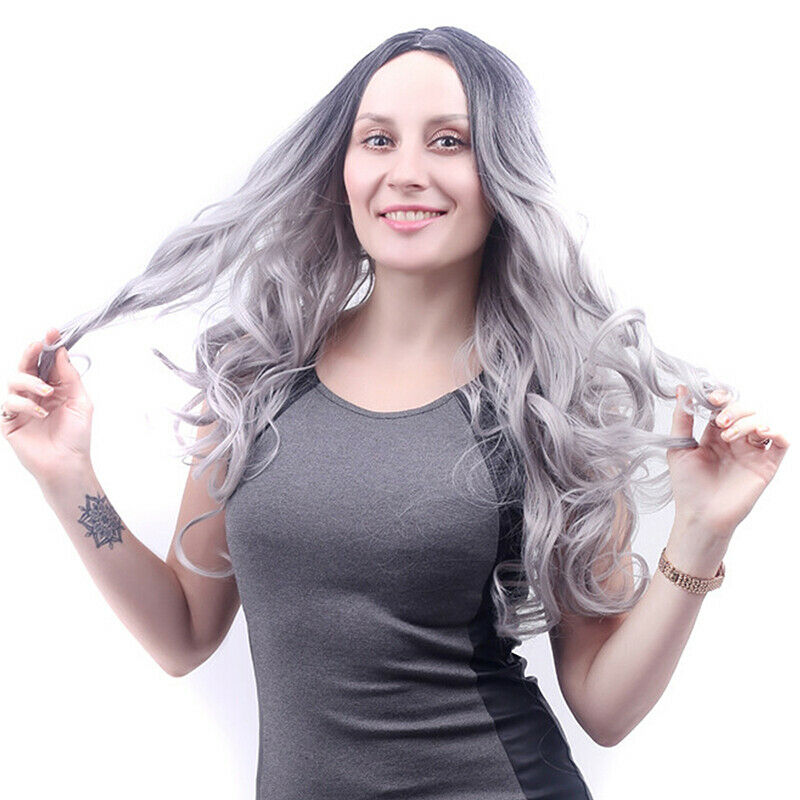 Ladies Wig Gradient Grey Long No Lace Front Wigs Synthetic Hair Daily Party Prop