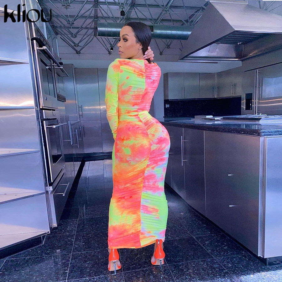 Kliou women tie dye print long sleeve bodycon dress ruched fitness skinny zipper colorful fashion vestido de mujer streetwear 200928