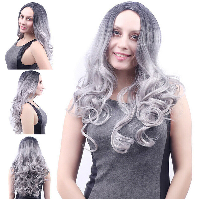 Ladies Wig Gradient Grey Long No Lace Front Wigs Synthetic Hair Daily Party Prop