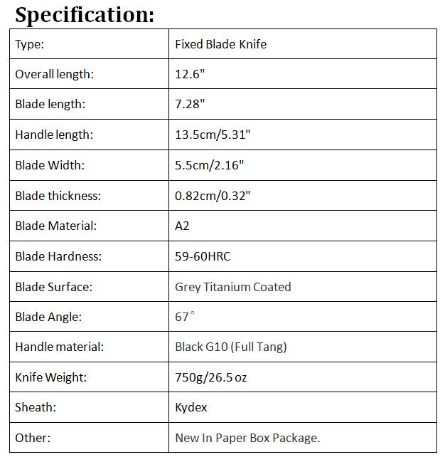 High End Outdoor Survival Straight Knife A2 Grey Titanium Coated Tanto Point Blade Full Tang Black G10 Handle With Kydex