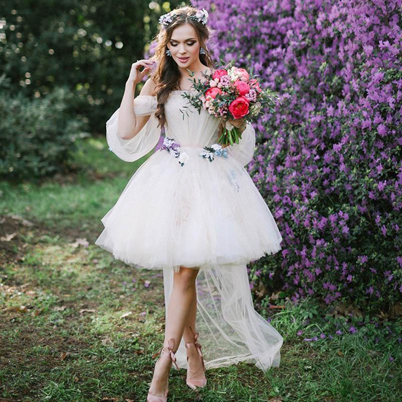 Short Dresses Off The Shoulder Tulle Ruched Princess A Line Garden Wedding Bridal Gown Custom Made Vestido De Novia 403 D0311