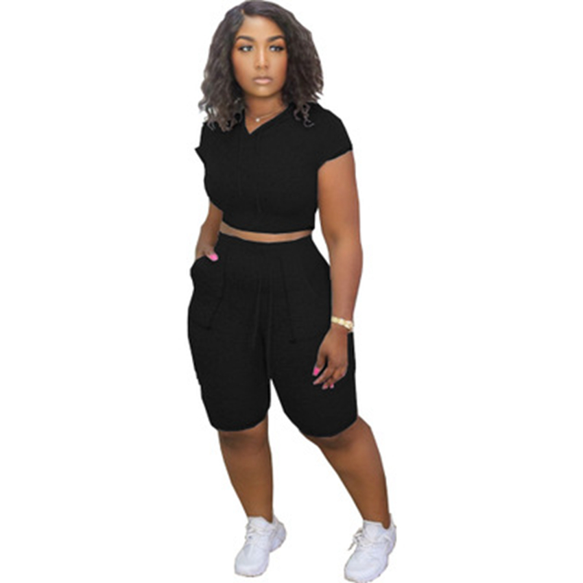 Trend Spot Tracksuits European and American Fashion Pure Color Hooded Casual Comfortable Short Sleeve Pocket Set