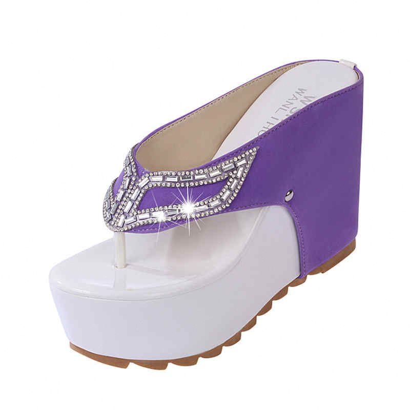 New Women Summer Platform Wedges Shoes Black Purple Sandals For Ladies Women Bling Slides Flip Flop Shoes r0nG#