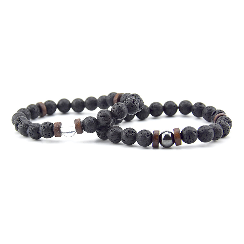 Natural Volcanic Lava bracelet Rock Stone Strand Bracelets Wood bead Black Charm Stone jewelry Women Men accessories Gift