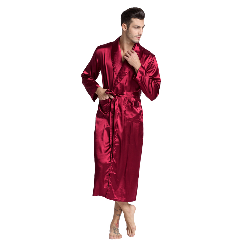 Tony&Candice Men's Silk Satin Bathrobe Robe Long Solid Silk Pajamas Men Silk Nightgown Sleepwear kimono homme Dressing Gown 200919