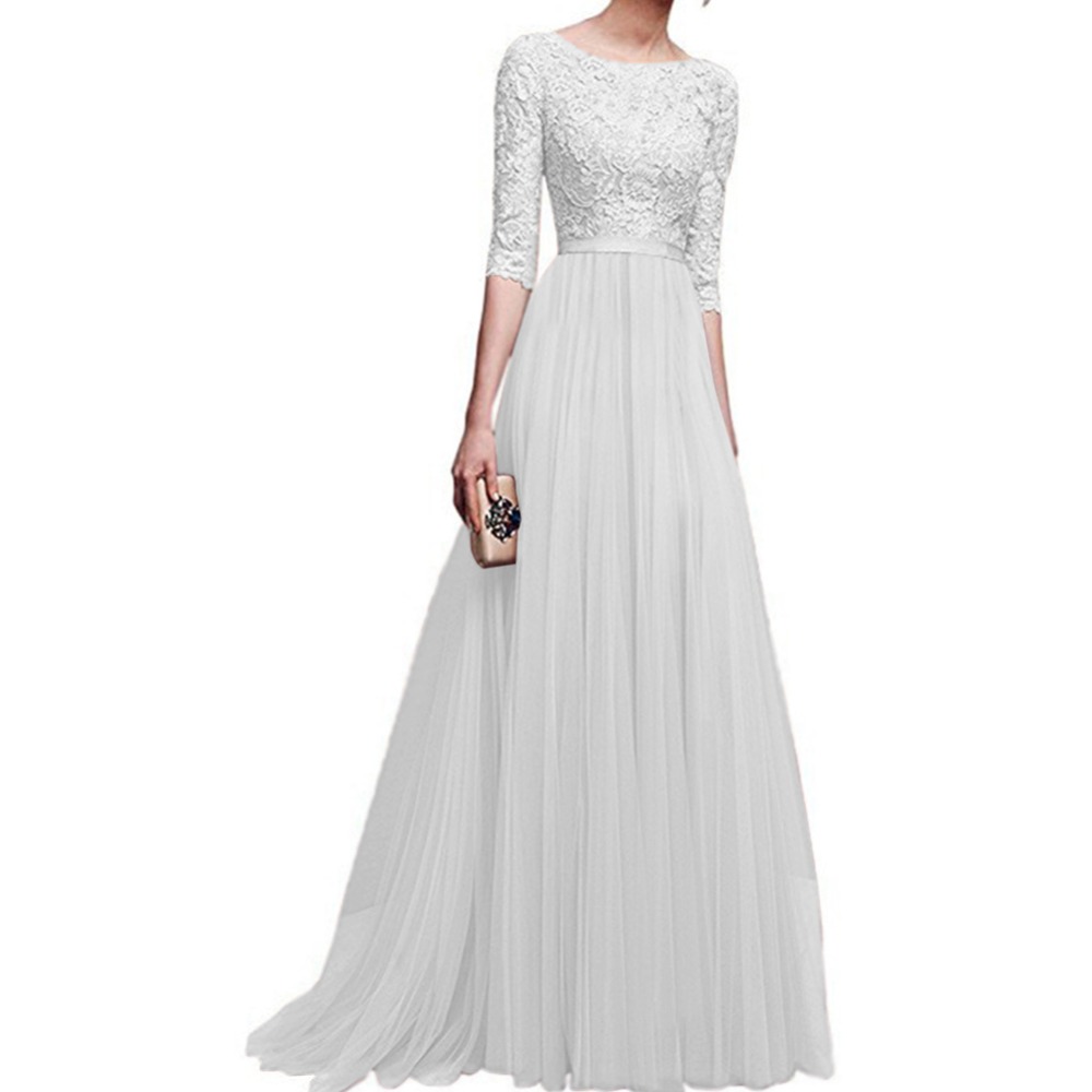 Womens Lace Long Bridesmaid Dress Ladies Elegant Chiffon Maxi Dress Female Short Sleeves Dresses Formal Wedding Dresses