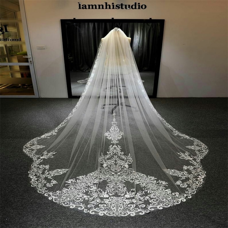 Best Selling Luxury Real Image Wedding Veils Three Meters Long Veils Lace Applique Crystals One Layers Cathedral Length Cheap Bridal Veil