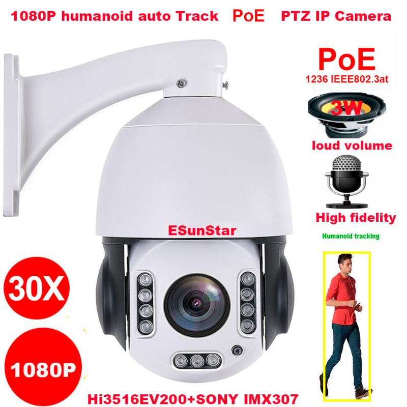 

CamHi PoE 1080P 30X zoom 2MP humanoid Auto Track SONY IMX 307 PTZ Speed dome IP Camera build MIC speaker 32 64 128gb SD