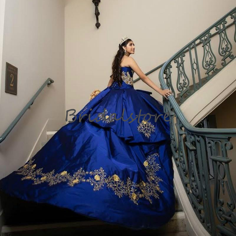 Royal Blue Quinceanera Dresses Mexican 2020 Sweetheart Ball Gown Prom Dresses With Gold Appliques Corset Top Sweet 16 Prom Dress vestido de