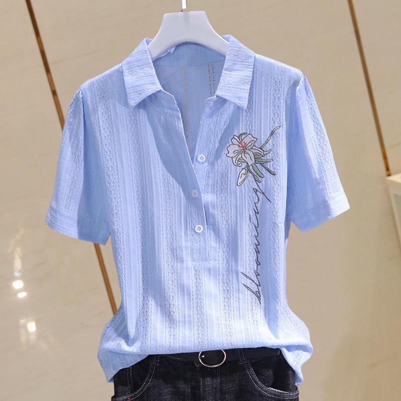 Summer Blouse Women 2020 Shirt Tops Cotton Korean Style Floral Embroidered Short Sleeve Office Ladies Casual Plus Size Clothes, Blue 
Summer Blouse Women 2020 Shirt Tops Cotton Korean Style Floral Embroidered Short Sleeve Office Ladies Casual Plus Size Clothes, Blue