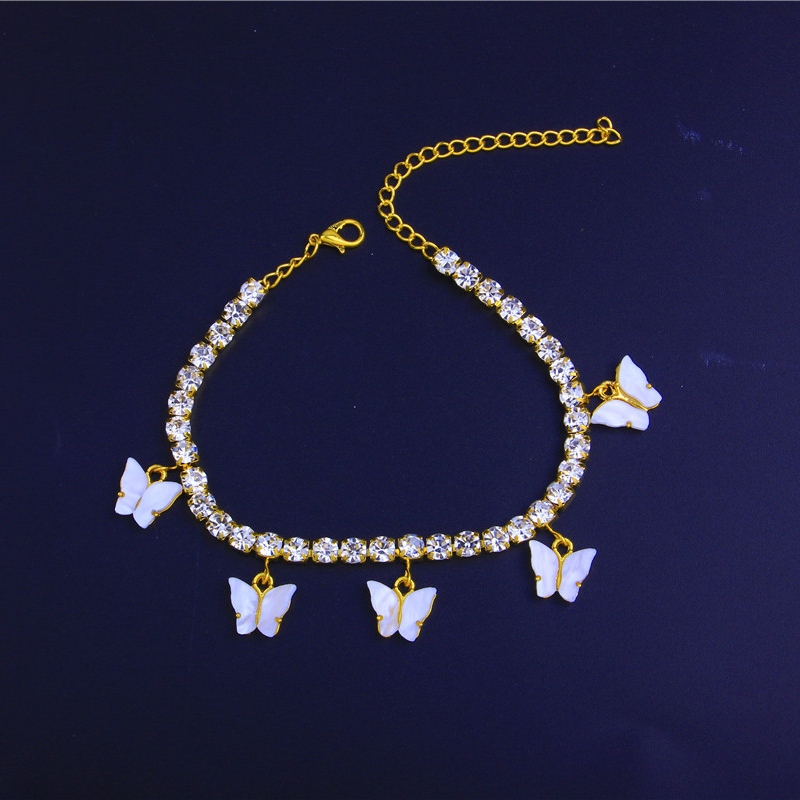 Acrylic Butterfly Women Anklets Iced Out Tennis Chain Leg Bracelet Rhinestone Silver Gold Animal Pendant Charms Fashion Beach Feet Jewelry