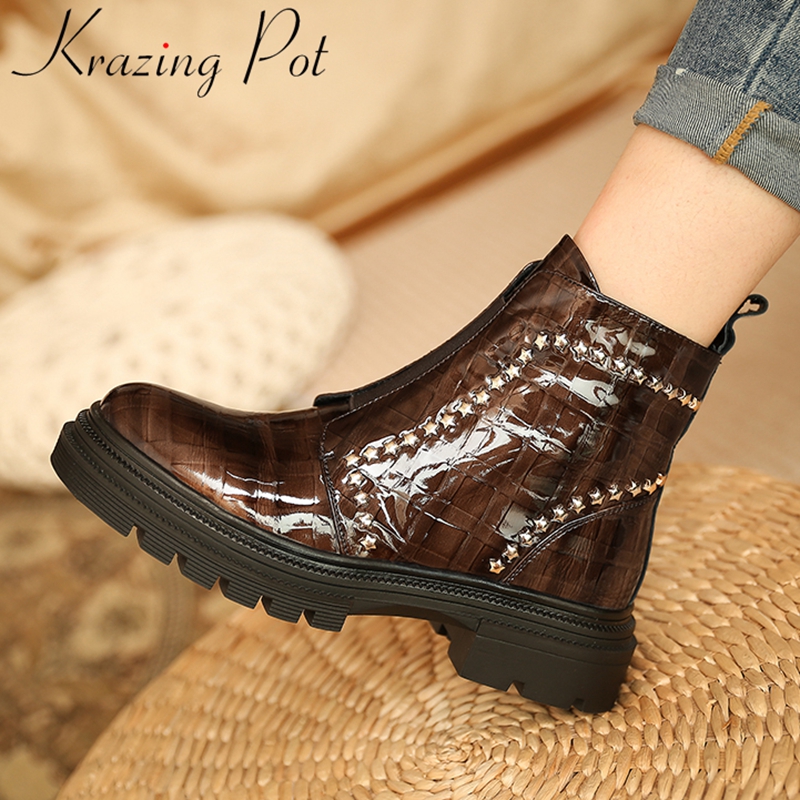 Krazing Pot 2021 genuine leather keep warm slip on high heels fashion punk winter shoes rivet vintage platform ankle boots L37, Black
Krazing Pot 2021 genuine leather keep warm slip on high heels fashion punk winter shoes rivet vintage platform ankle boots L37, Black