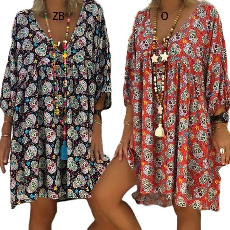 

Women Plus Size V-Neck 3/4 Sleeves Loose Flowy T-Shirt Dress Halloween Skull Floral Casual Flared Party Tunic Sundress S-5XL, Orange