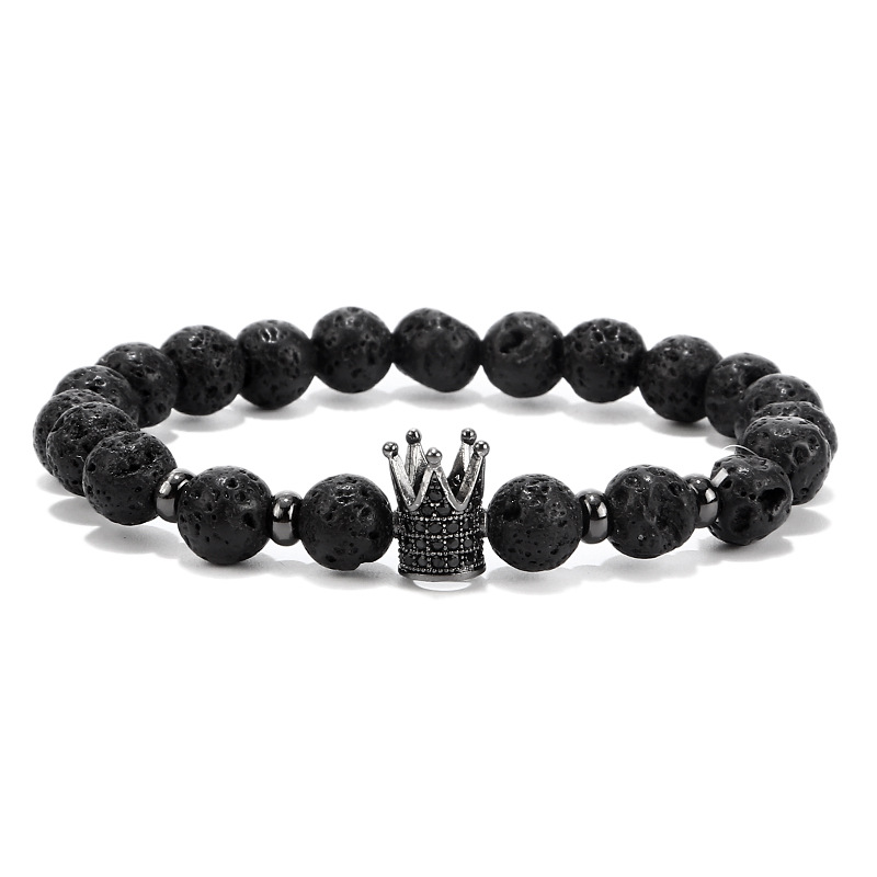 Fashion Gold Crown CZ Charm Men Volcanic rock Bracelets for Women Black lava Natural Stone Beads Strand Bracelet Dropshipping