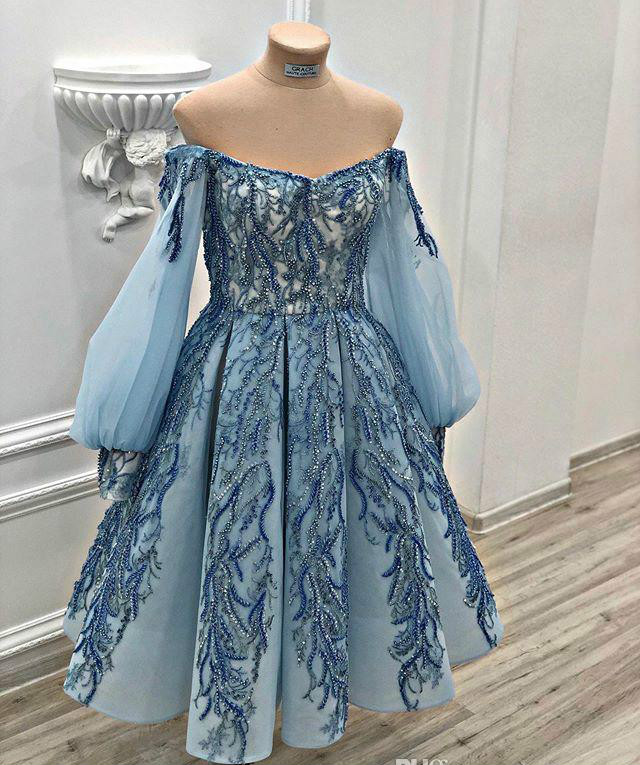 Real Image Prom Dresses Blue Beaded Off The Shoulder A Line Appliqued Long Sleeve Evening Dress Party Wear Custom Made Formal Occasion Gowns