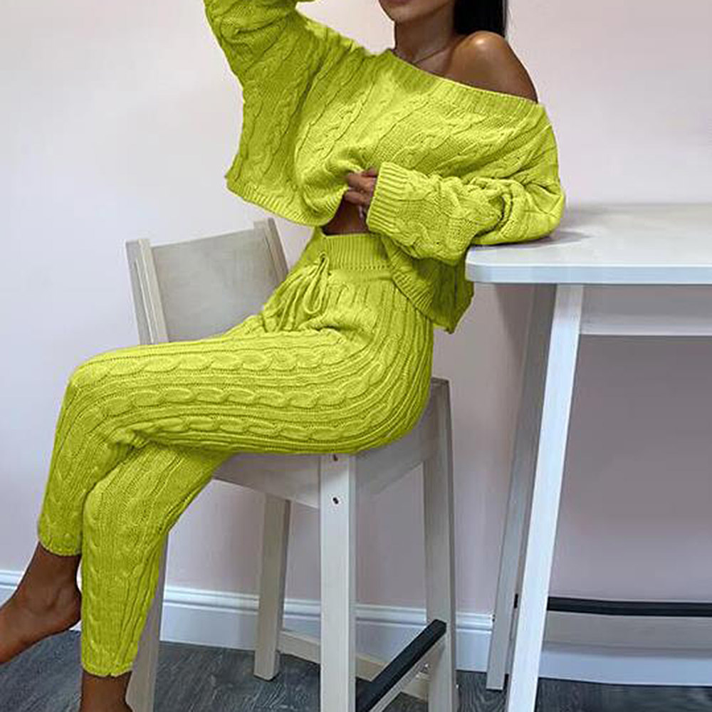 2020 New Womens Ladies Solid Off Shoulder Cable Knitted Warm Loungewear Set Autumn Sweater Women Sweater Winter Clothes Suit Y200909