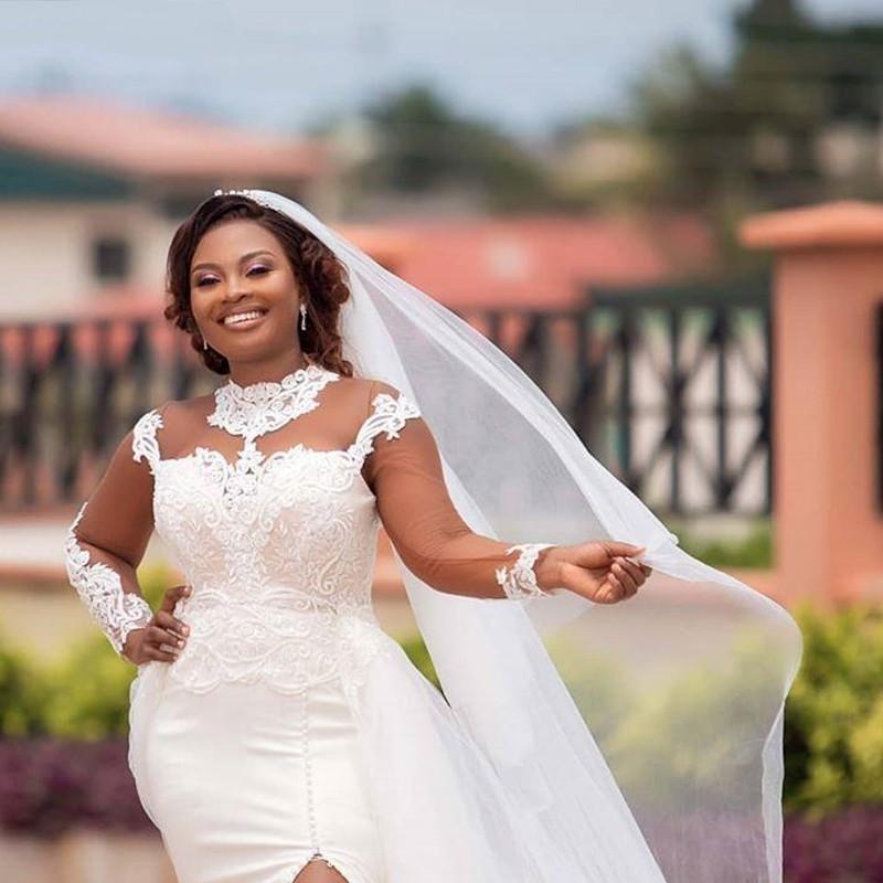 Elegant Black Girls Wedding Dresses Plus Size Long Sleeve Overskirt Mermaid Bridal Gowns Side Slit Lace Wedding Dress robes de mariée