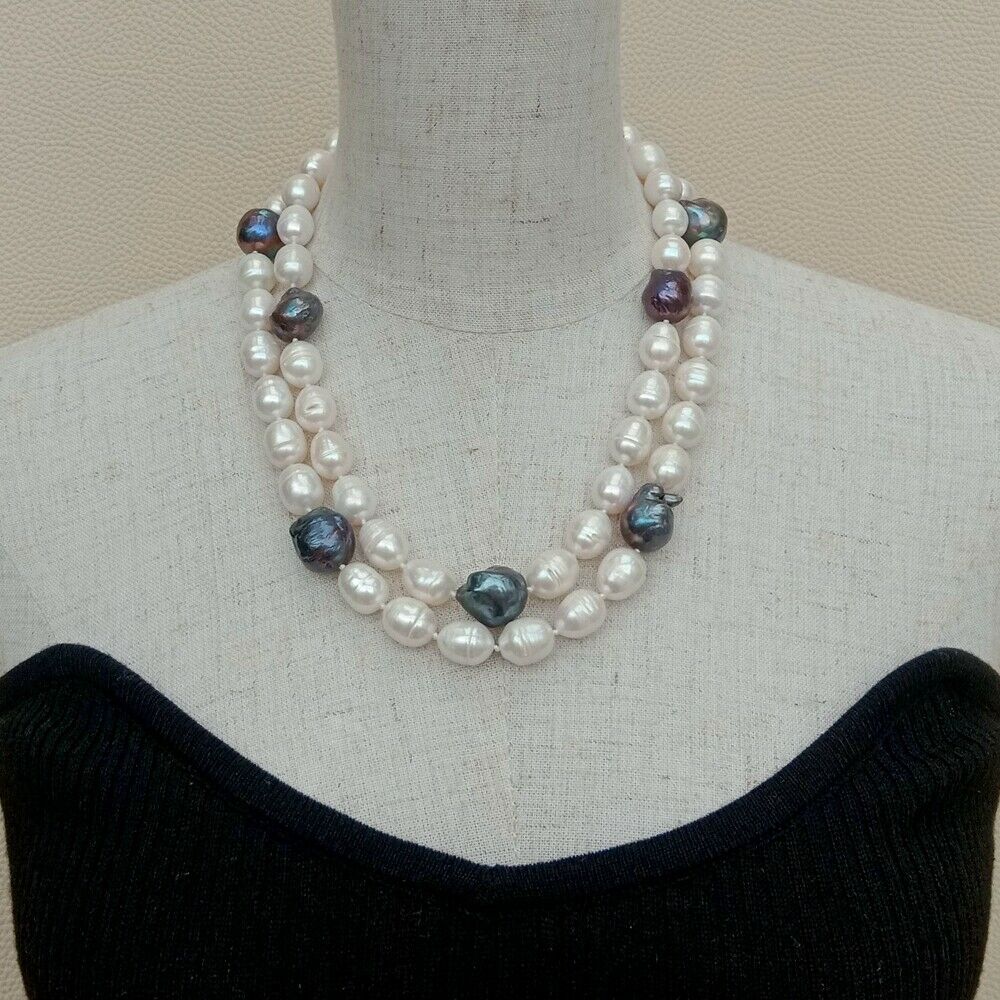 Hand knotted 2 rows cultured black white keshi pearl rice pearl necklace Women jewelry 18-19inch
Hand knotted 2 rows cultured black white keshi pearl rice pearl necklace Women jewelry 18-19inch
