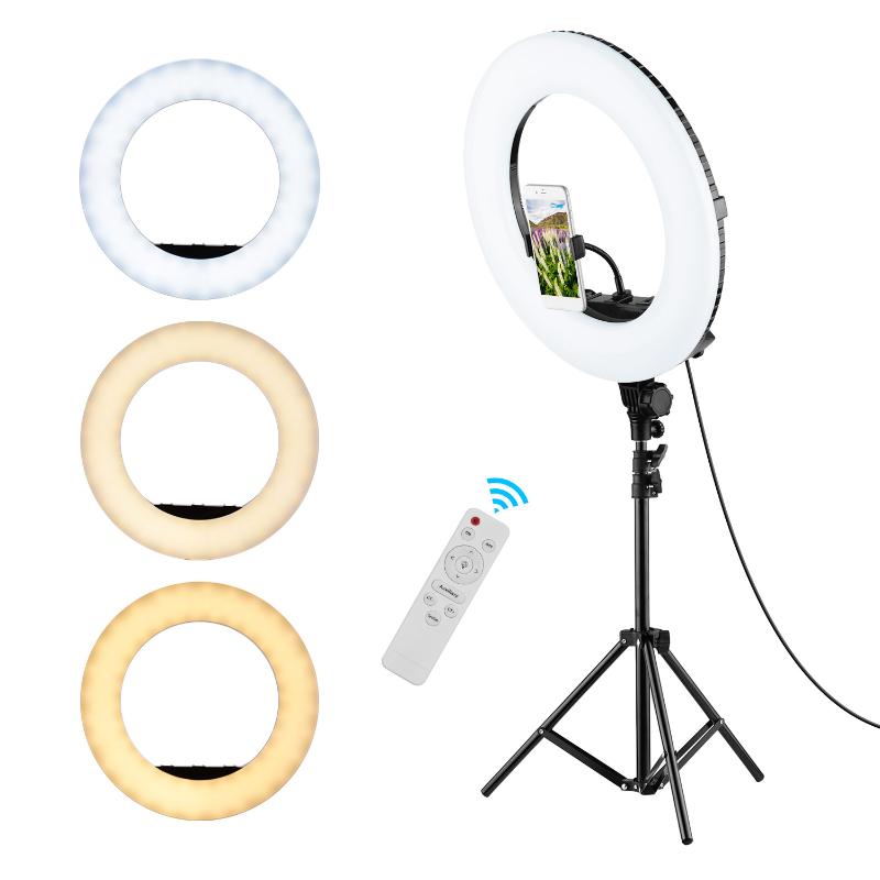 18 Inch LED Fill Ring Light Kit 3200K-5500K Dimmable 3 Cold Shoe Mounts for Photography Live Stream Video Makeup
18 Inch LED Fill Ring Light Kit 3200K-5500K Dimmable 3 Cold Shoe Mounts for Photography Live Stream Video Makeup